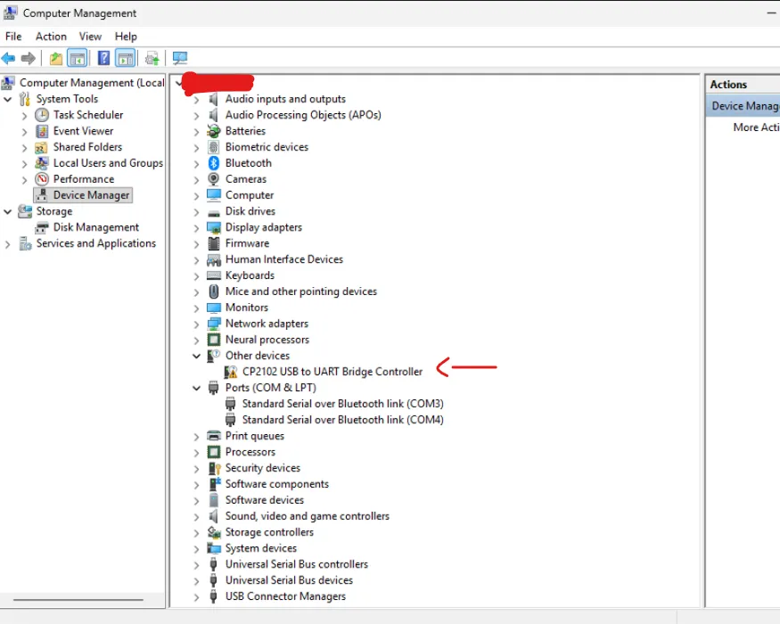 CP2102 under Other devices in Device Manager, with a warning. COM3 and COM4 are Bluetooth, not the board.